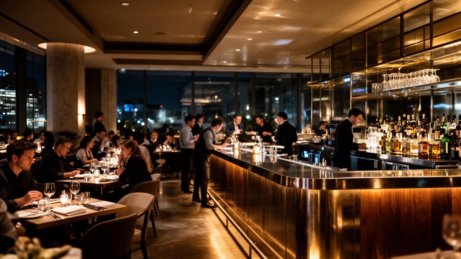 Upscale modern restaurant and bar at night